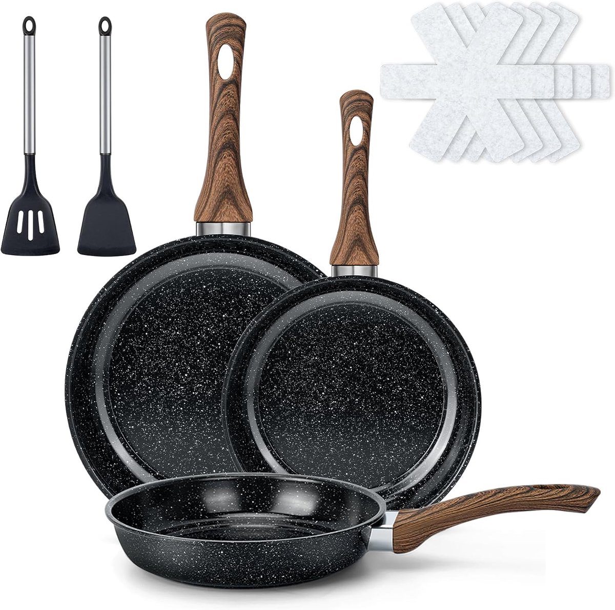 Set Van 9 Inductie Pannen 21,3/25,8/29,5 cm – Anti-Aanbak En Stapelbaar, Hittebestendige Houten Greep, Geschikt Voor Oven En Alle Kookplaten – Pannen Voor Huis En Kamperen
