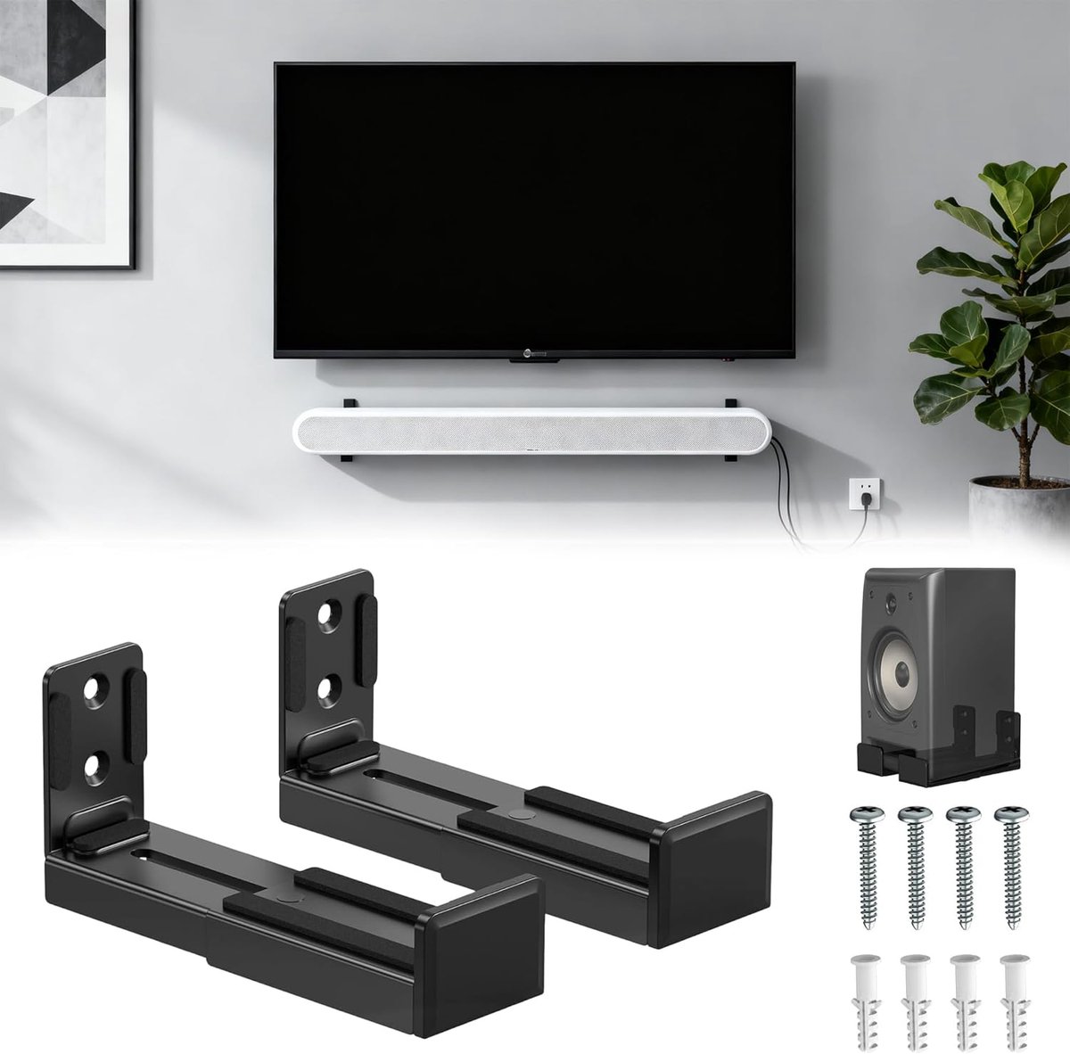 Wall Mount Bracket, Universal Soundbar Mount, Speaker Wall Mount, Soundbar Bracket onder TV, Dual speaker houdt tot 15 kg, Diepte verstelbaar 9-15,4 cm (zwart)