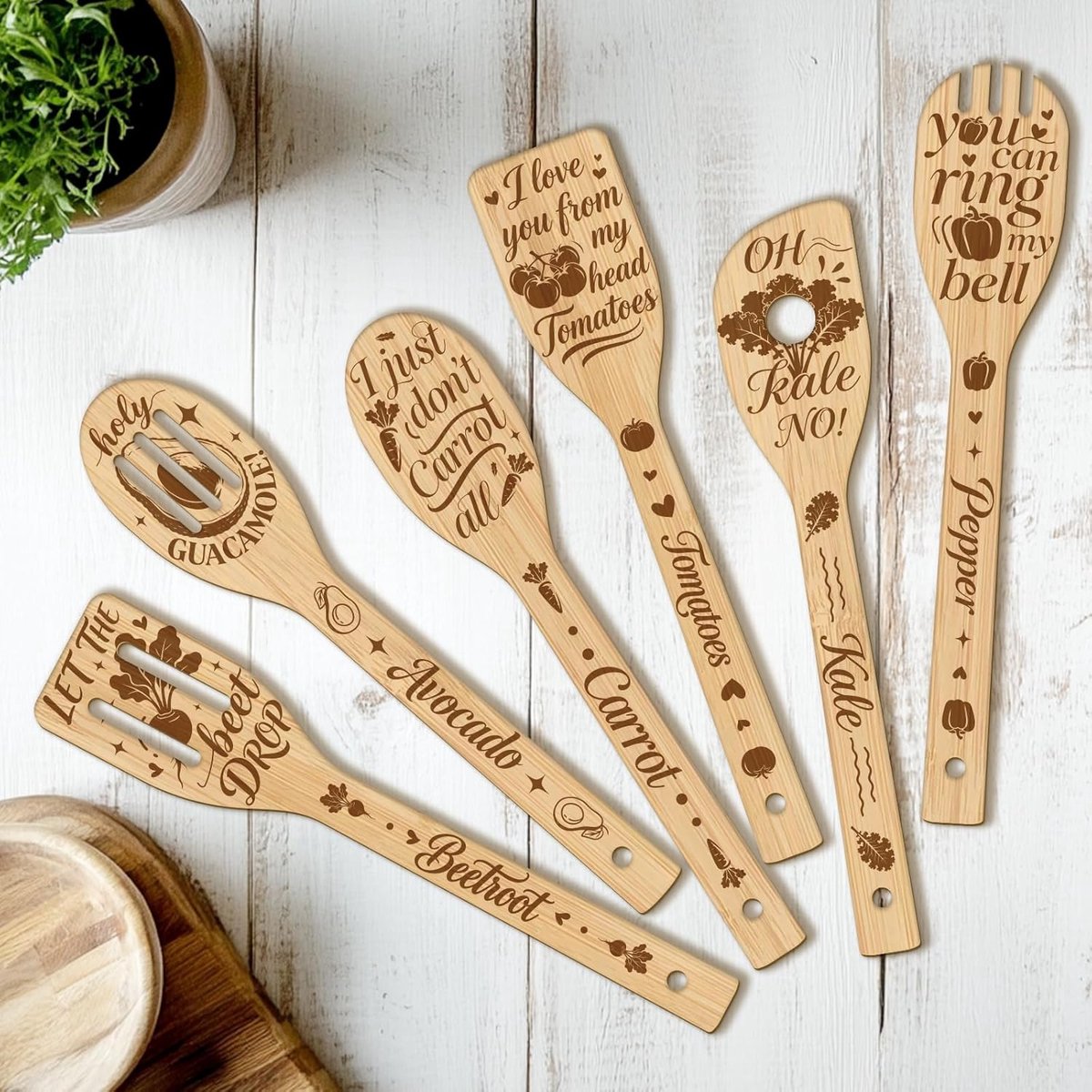 6 stuks groenten humoristische bijschriften houten keuken kookgerei set, niet giftig bamboe houten lepel set om te koken, beste housewarming verjaardag Thanksgiving keukengerei cadeau voor