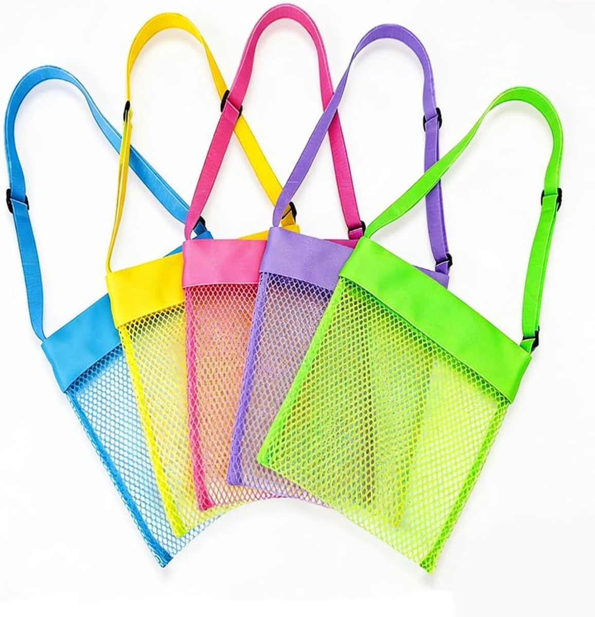 5 stuks strandspeeltas voor kinderen, met schouderriem, verstelbaar, netvak voor speelgoed, strand, voor het opbergen van speelgoed en schelpen op het strand