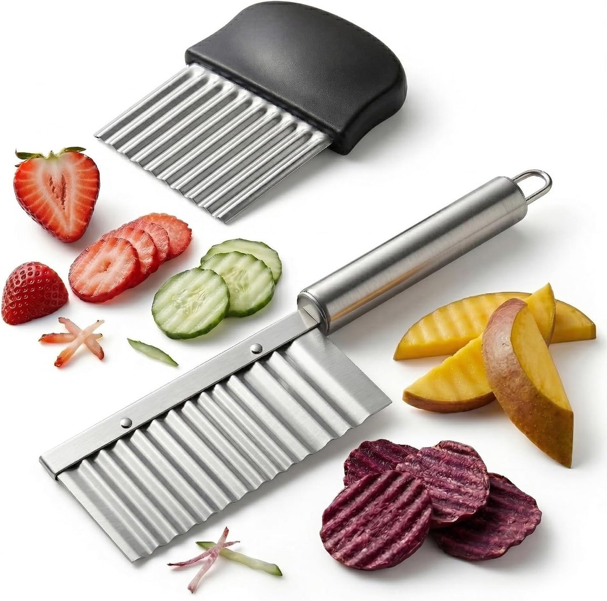 2 stuks golfsnijder, ribbelmes, roestvrij staal, keukenhulp met scherpe golfsnede voor groenten, aardappelen, friet, golfmes, ideaal voor baby-led, airfryer en familiekeuken