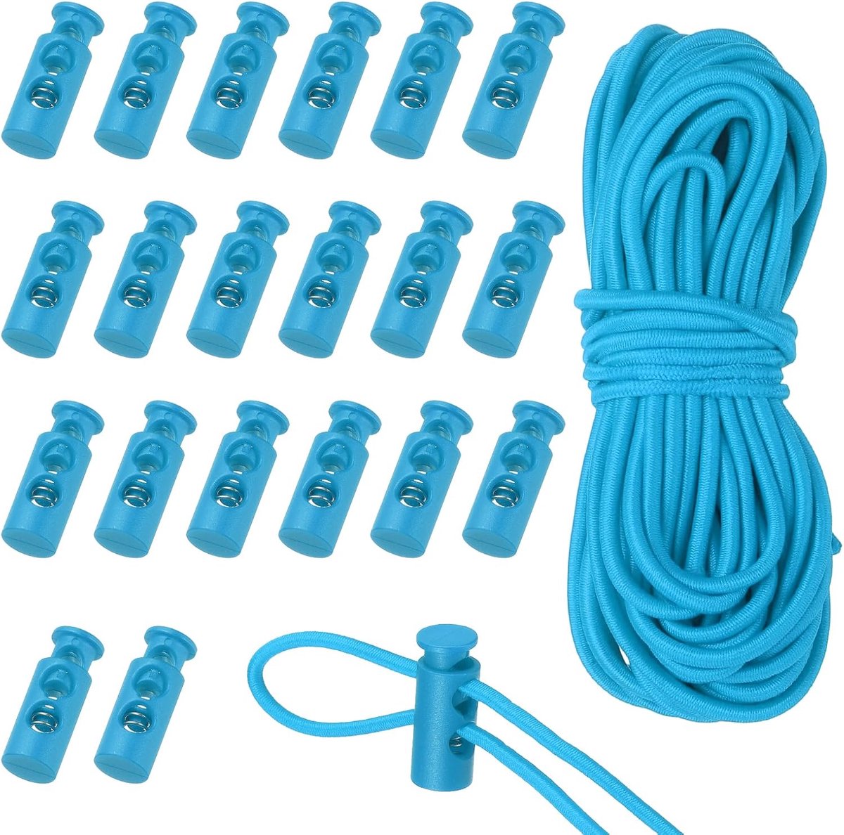 20 stuks koordsloten van kunststof en 5 m elastische sleutelband, dubbele gaten voor reservekabelklemmen voor veters, rugzakken en schoenen, hemelsblauw