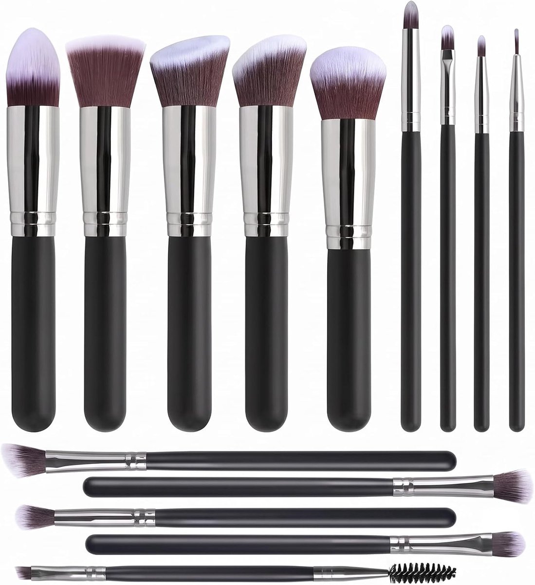 make-upkwastenset, 14-delig, voor foundation, poeder, oogschaduw en concealer, zachte synthetische borstelharen, zwart en zilver