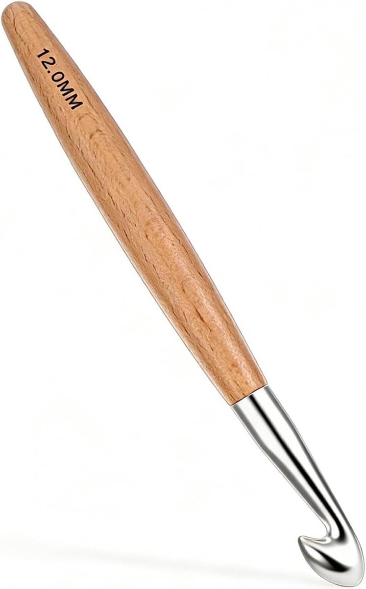 Haaknaald 12 mm, beukenhout hout, ergonomisch, breiaccessoires, garenhandwerk, beginners, ervaren haakliefhebbers, comfortabele streamline met houten handvat, geschikt voor haakgaren, wol