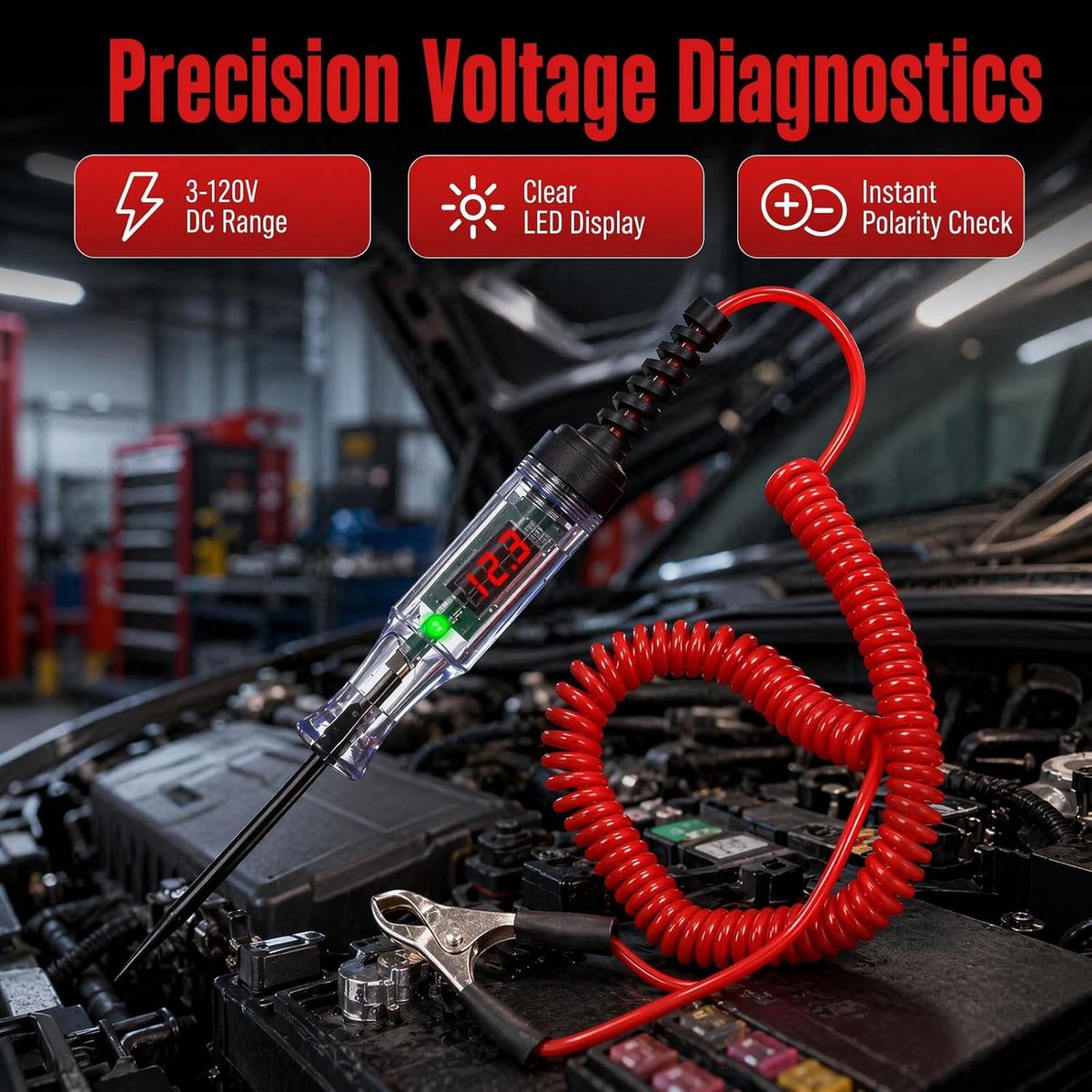 Spanningstester auto schakeling testpen, 3-120V DC stroomcircuittester met led-display, digitale stroomcircuittester met rode veerkabel, testpen voor auto, vrachtwagen, motorfiets en autoaccu