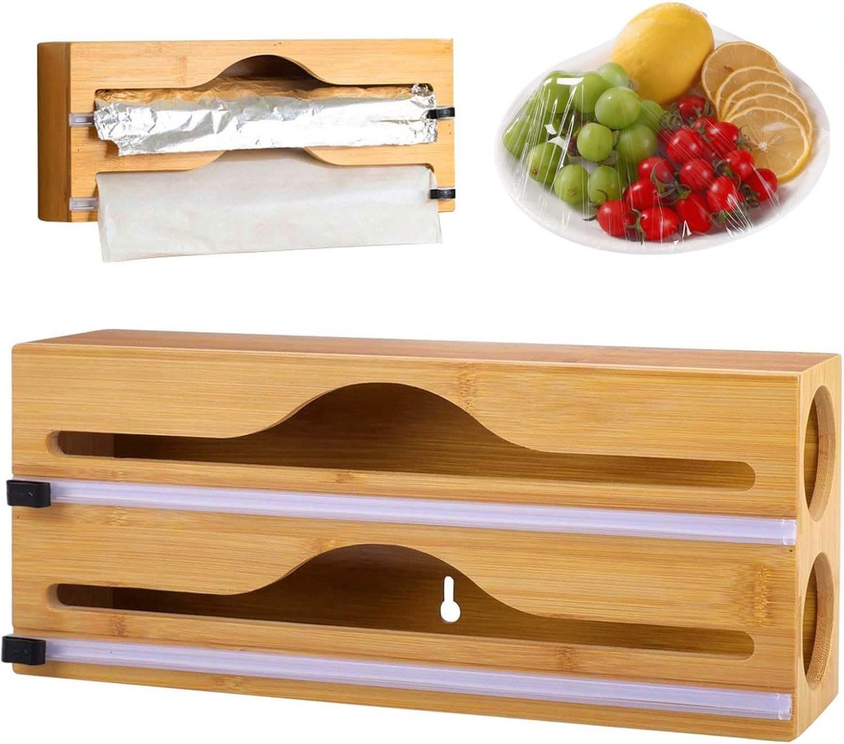 Voedselfolie van bamboe, dispenser van aluminium en folie met schuifmes, dispenser voor voedselfolie, compatibel met rollen van 30 cm, efficiënte keukenlade-organizer