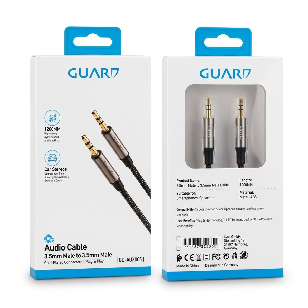 GUARD 3.5mm Klinkenkabel 1,2m - Audio Aux Kabel für Auto & Smartphone