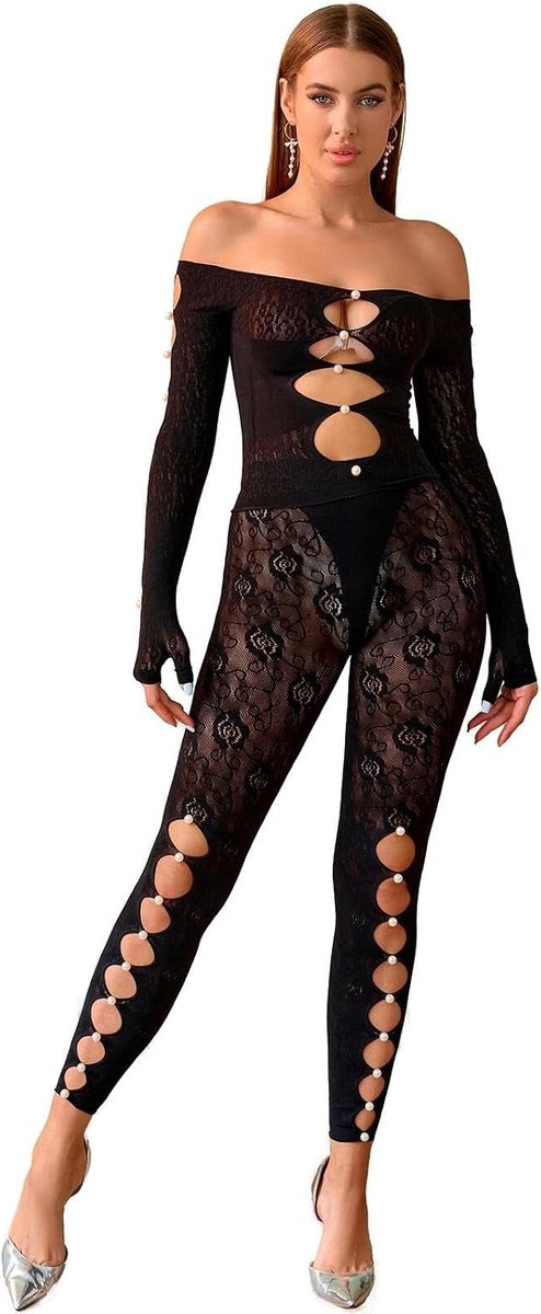 Dames visnet set bodystocking party kleding clubwear top & panty sexy mesh lingerie jumpsuits