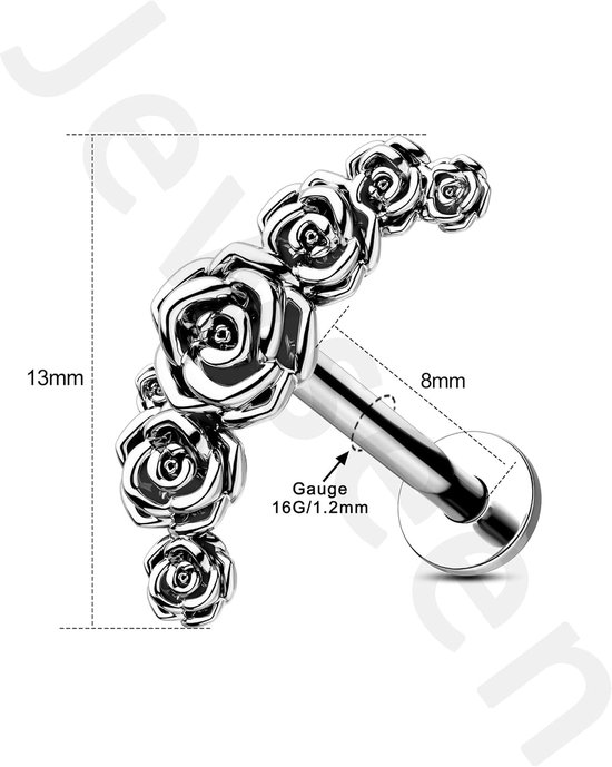 Rose Platte Terug Oorbel Intern Schroefdraad Kraakbeen Oorbel Gebogen Lip Ring 316L Rvs Helix Oorbel Labret Piercing Sieraden, 16G 8MM, Roestvrij staal — afbeelding 4