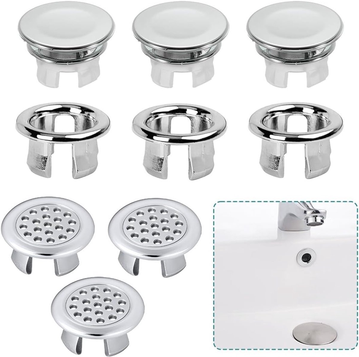9 stuks gootsteengat, afdekking voor wastafel, afdekking voor wastafel, overloopring, wastafel, holle ring, gat, rond deksel, voor badkamer of keuken