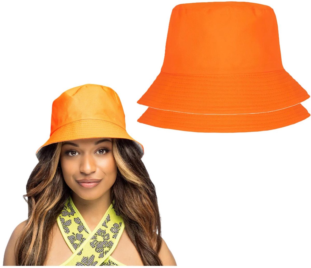 Boland Vissershoedjes zonnehoedjes - 2x - Neon oranje print - foute party - volwassenen - carnaval - bucket hat - koningsdag