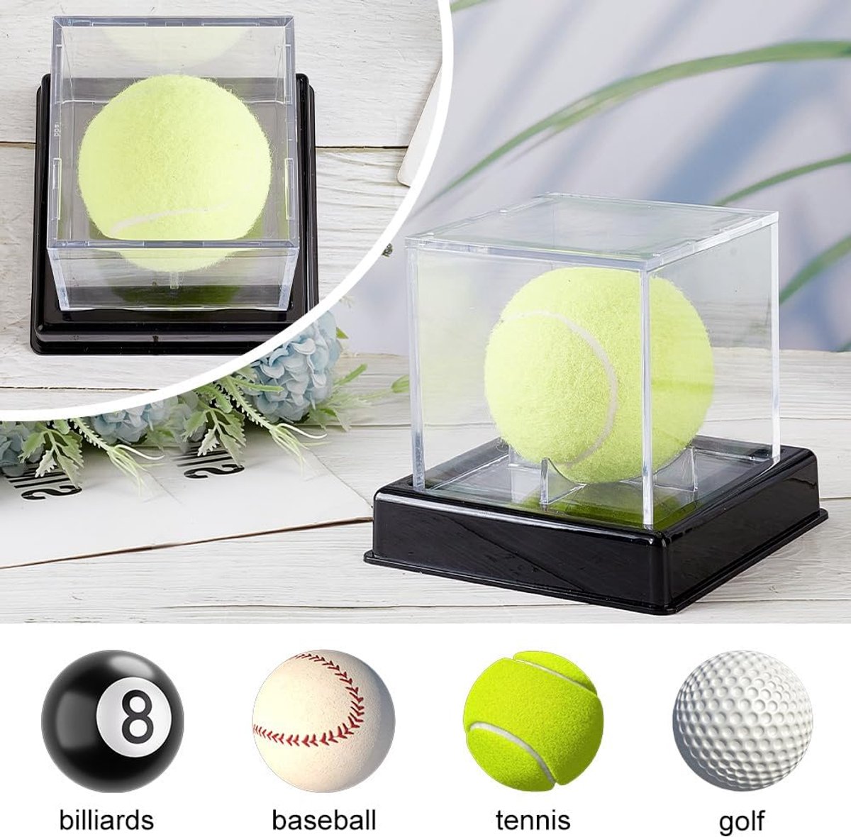 Acryl tennisbal vitrinekast 10,5 x 10,5 x 10,5 cm doorzichtige doos met zwarte basis kleine vierkante displayhouder voor honkbal golfbal volleybal liefhebbers verzamelobjecten