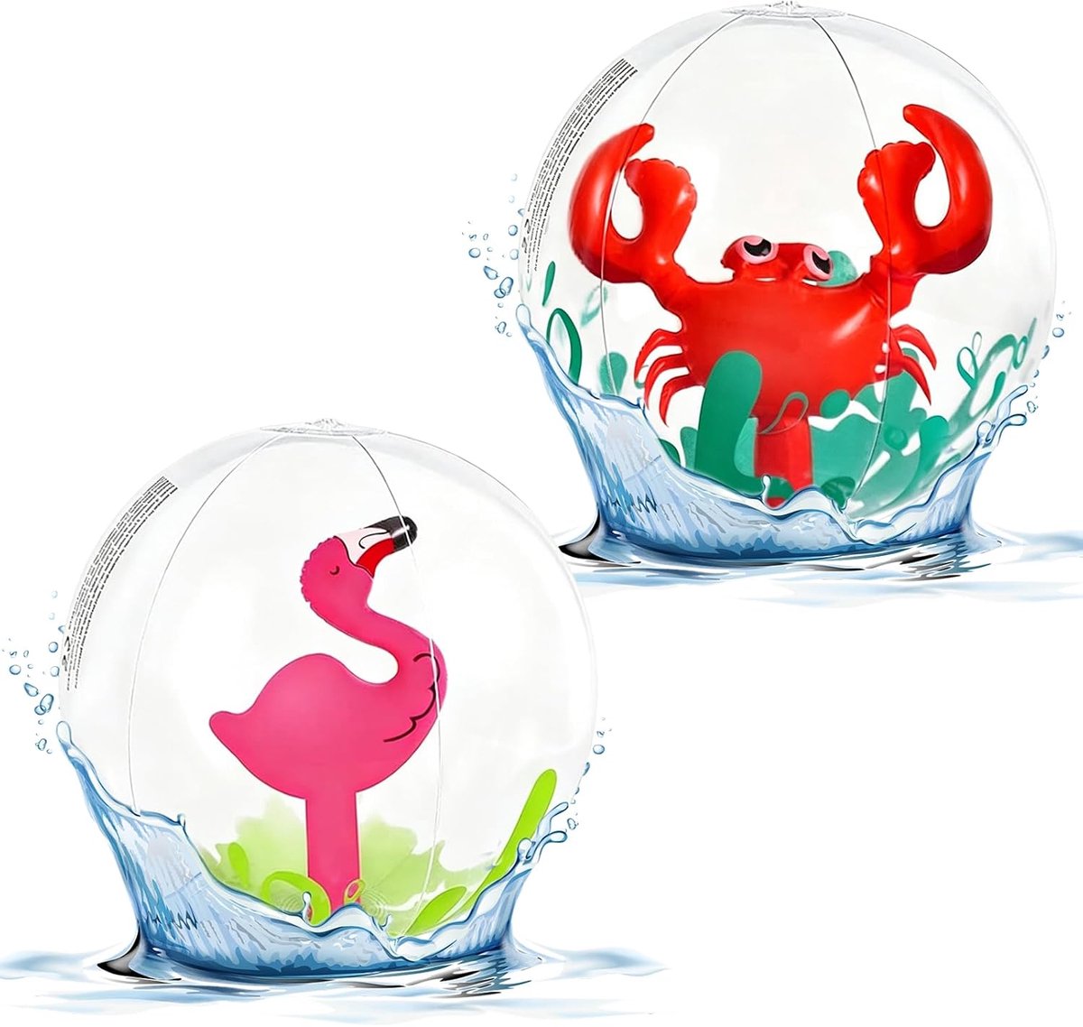 2 stuks opblaasbare waterbal, opblaasbare waterbal, 3D-strandbal, flamingo en krab, groot waterspeelgoed voor waterplezier voor strand, zwembad en tuin voor volwassenen