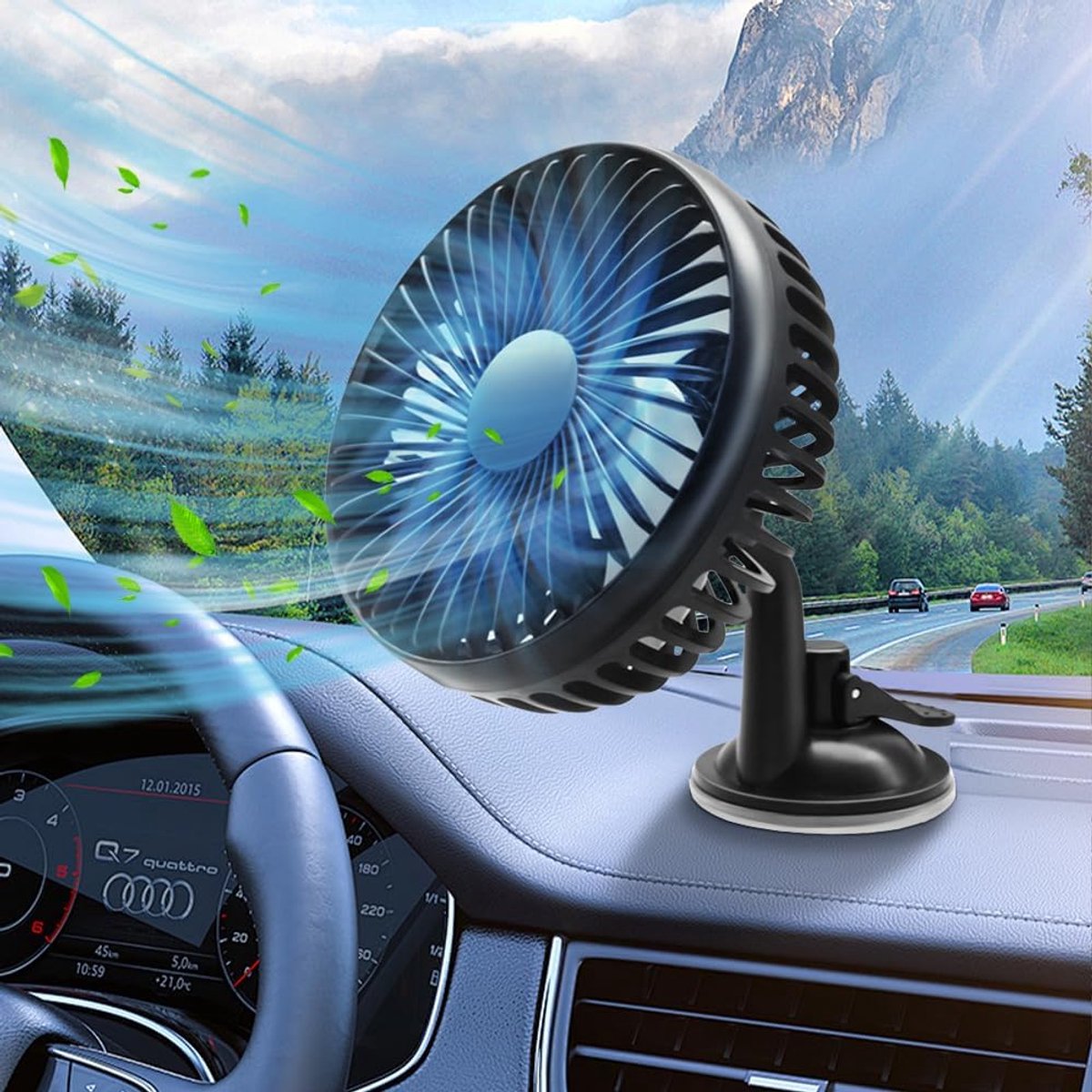 Draagbare Auto Ventilator USB 360° Draaibare Voertuigventilator met 3 Snelheden voor Auto, Bestelwagen, SUV, Camper en Camping