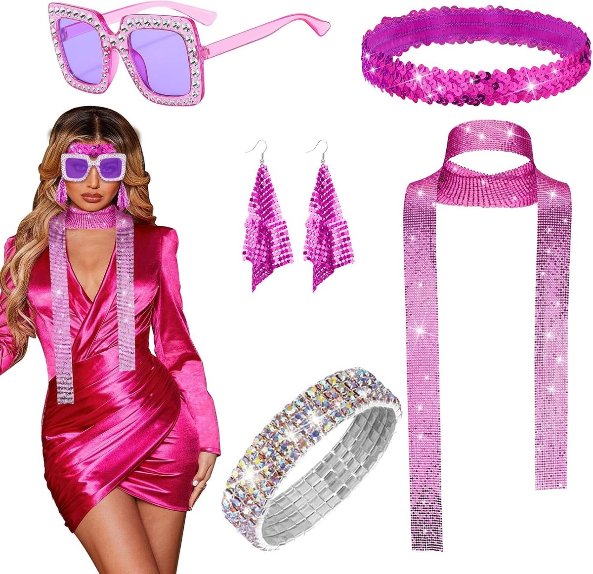 6 stuks jaren 70 disco accessoires, jaren 70 glitter disco kostuum, disco accessoires set dames met pailletten sjaal, zonnebril oorbellen armband en hoofdband, voor carnaval disco party