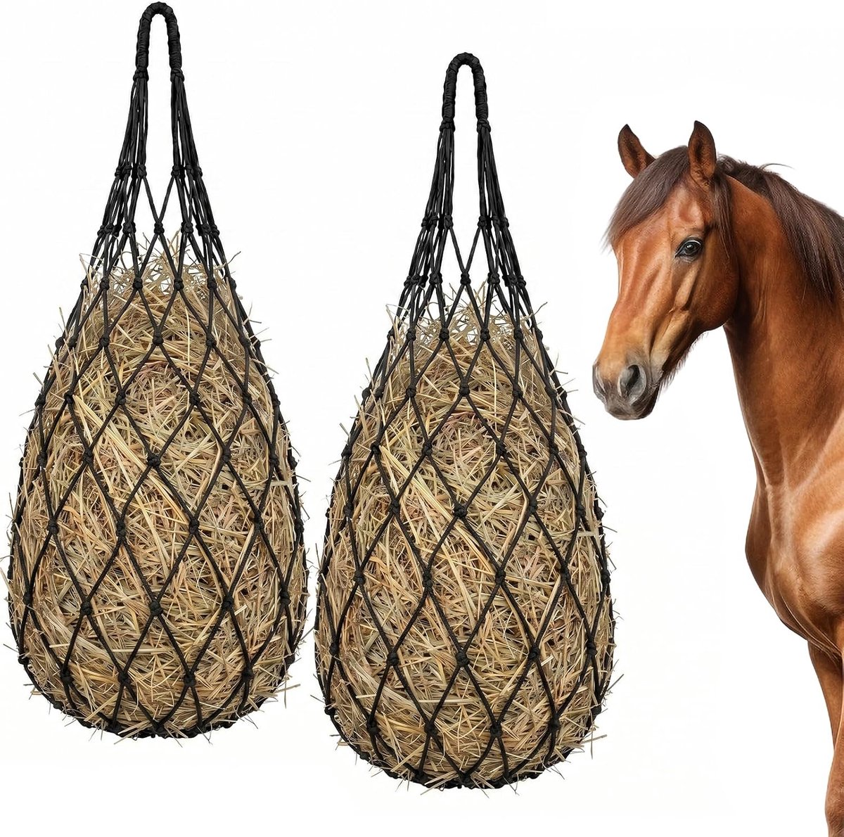 2 stuks hooinet voor paarden, fijnmazig 5 x 5 cm, hooizak voor paarden | Hooizak als slow feeder voor het regelen van de eetsnelheid, geschikt voor het voeren van pony's en geiten (zwart)