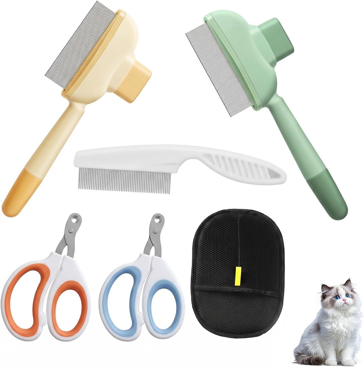 Verzorgingsset voor honden en katten, 6-delig: kattenkam en borstel voor katten, lang en kort haar, complete set met 3 kammen, 2 schaar en 1 handschoen voor het verwijderen van haren voor de
