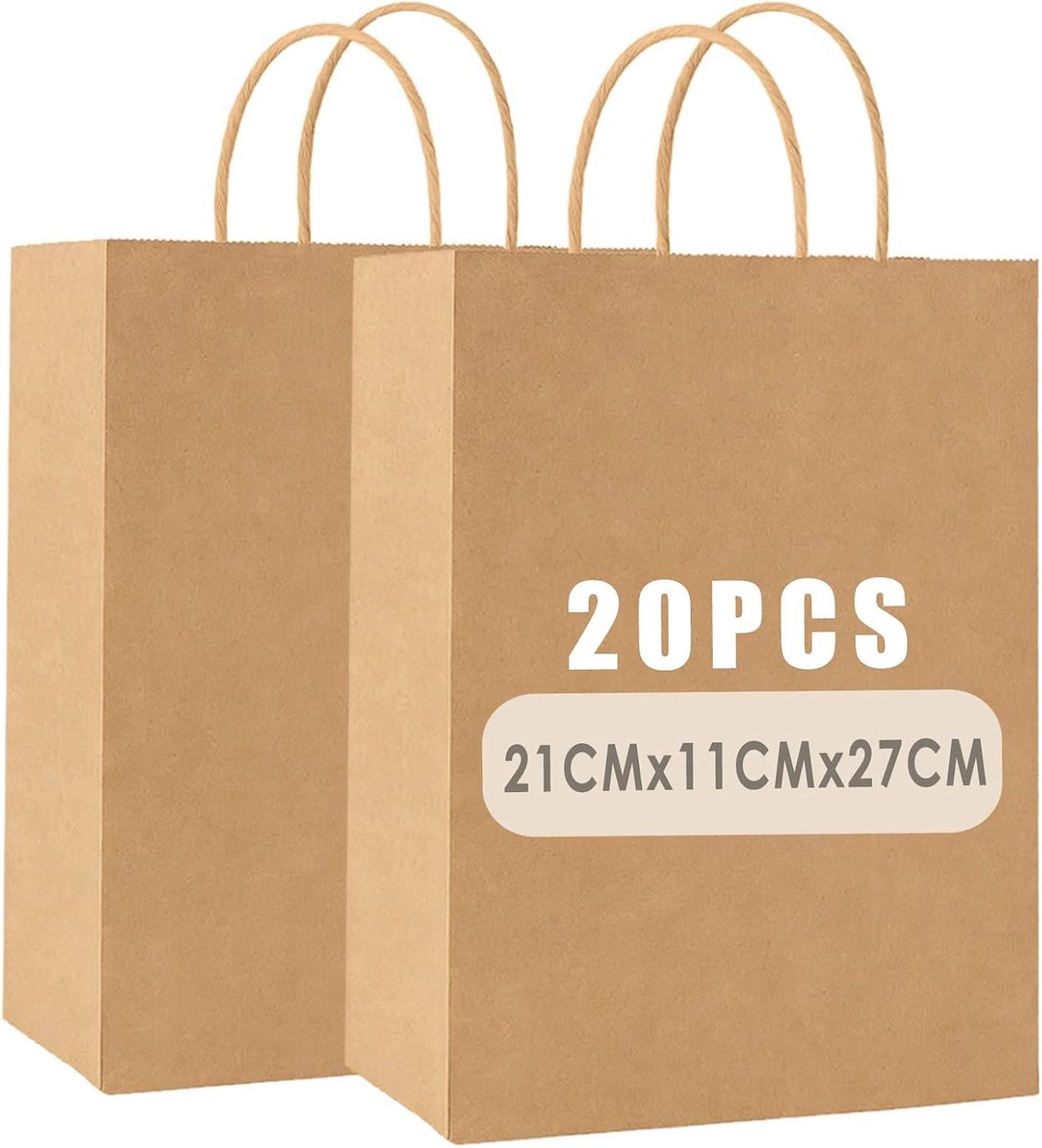20 stuks kraftpapieren zakjes, zakjes van kraftpapier met handvat 20 x 4,33 x 10,63 inch, recyclebaar cadeaupapier, papieren zakken voor verjaardag, bruiloft, Kerstmis en feestvieringen