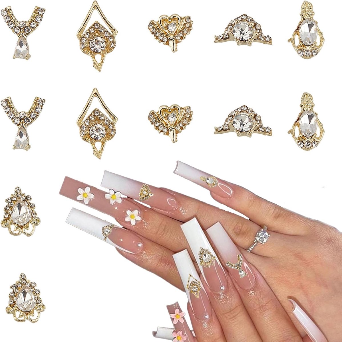 12 stuks 3D legering goud nail art strassteentjes, luxe hartvormige nagelbedels, nagelkristallen diamanten sieraden stenen studs voor nagels decoratie ambachten