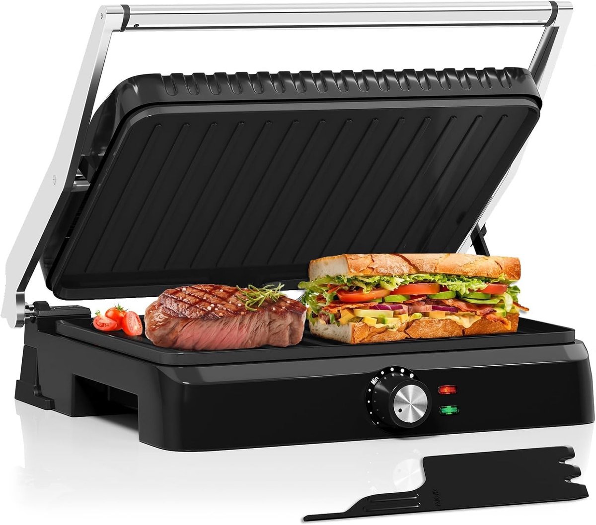 Contactgrill, 2200 watt, sandwichtoast, sandwichtoast, vleesgrill met anti-aanbakplaten, 34 x 23 cm, reinigingsschraper, 180 graden opening, instelbare temperatuur, opvangbak