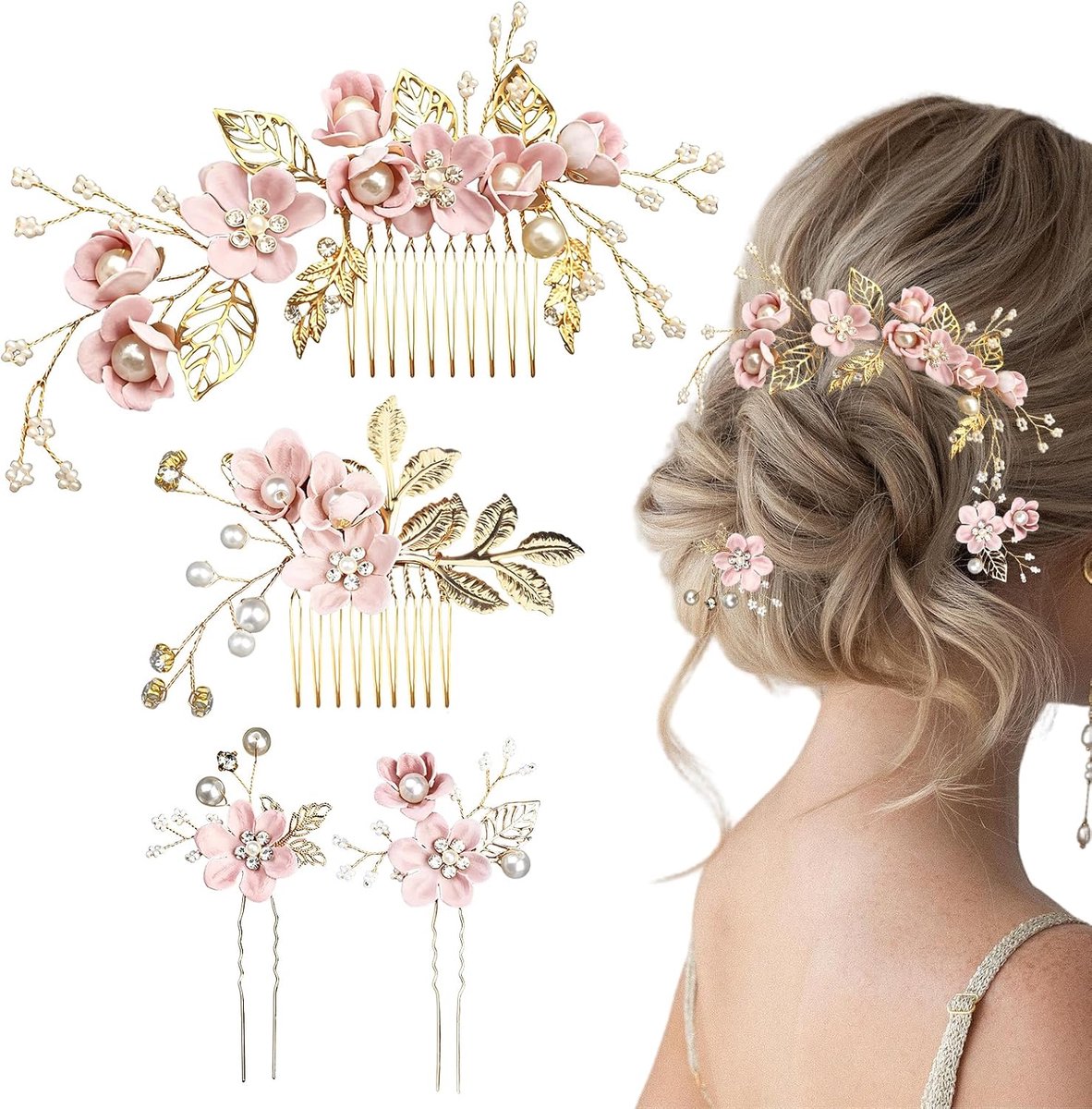 4-delige Roze Bruidshaaraccessoires voor Dames, Elegante Set met Bloemenhaarpelden en Haarkam, Haarversiering voor Bruiden, Bruidsmeisjes en Bruiloftsgasten