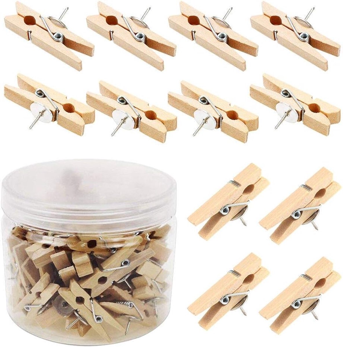 Punaises met clips, 50 stuks punaises met houten klemmen voor foto's, knutselprojecten, prikbord of kurkborden