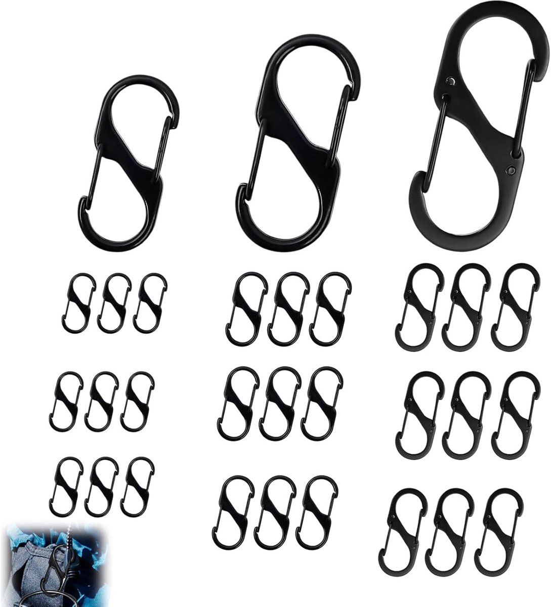 30 stuks karabijnhaken, mini-karabijnhaken, roestvrij staal, dubbel openende karabijnhaken, set 3 maten, 32/40/50 mm, kleine Micro Lock 8-vormpjes voor wandelen, outdoor, vissen, kamperen