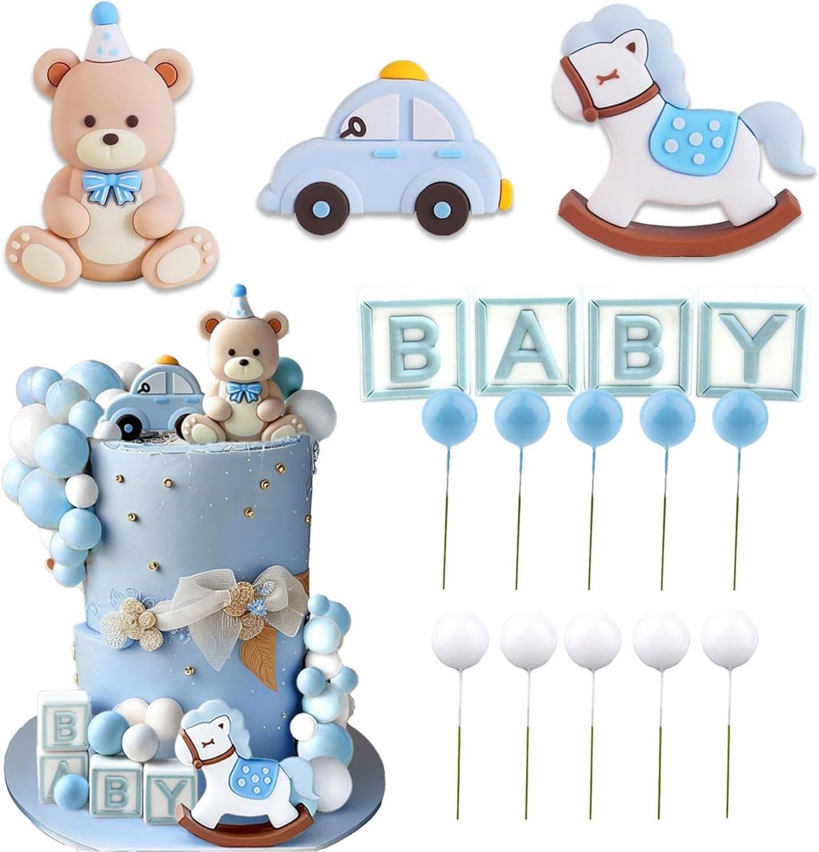 14 stuks Blauwe Beer Taartdecoratie, Babybeer, Teddybeer, Taarttopper voor Verjaardag, Feest, Babyshower