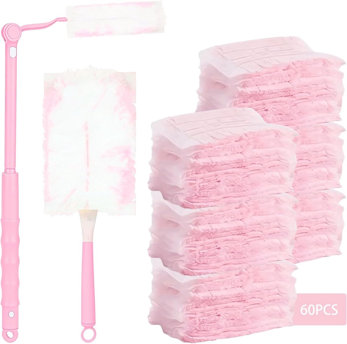 60 Stuks Stofmagneet Navulverpakking Compatibel met Swiffer Duster, Wegwerp Stofvegers met Elektrostatische Stofvanger, Geschikt voor Dierenharen, Stof en Vuil, voor Huis en Kantoor (Roze)