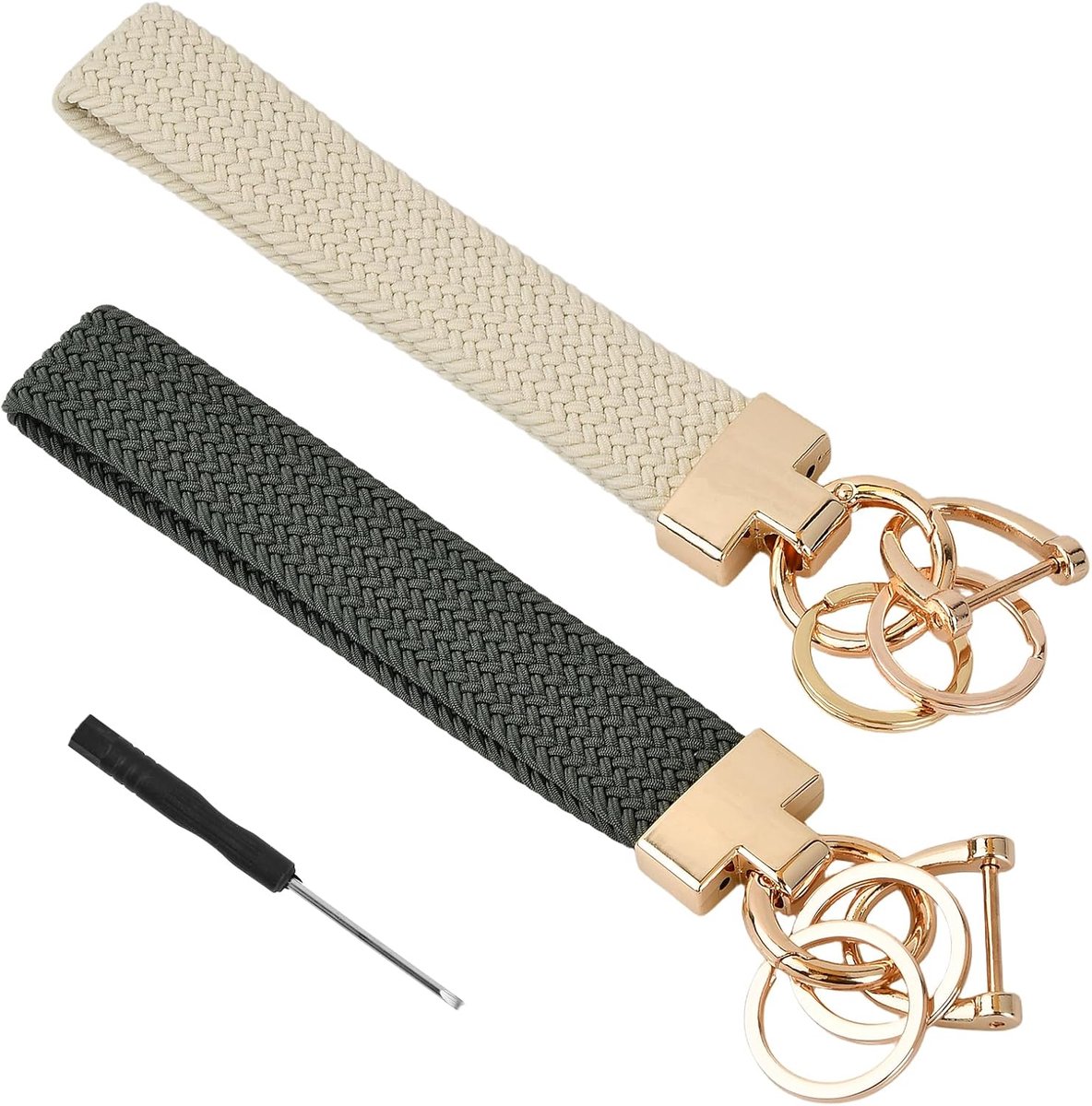 2 stuks elegante sleutelhangers voor meisjes, sleutelhanger auto met 2 platte ringen, veerklemmen, hoefijzerringen en een schroevendraaier voor kleine geschenken (legergroen + beige)