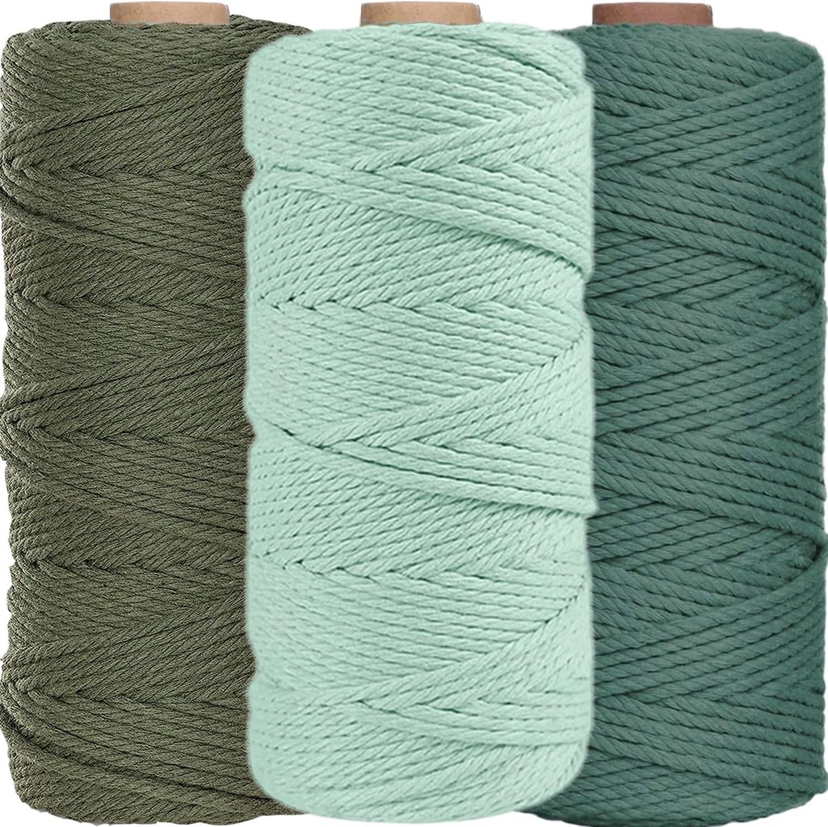 3 stuks macramégaren, 3 mm x 100 m, kleurrijk macramékoord, doe-het-zelf natuurlijk garen, katoenen koord, katoenen koord voor wandplanten, handwerk, donkergroen, olijfgroen, lichtgroen