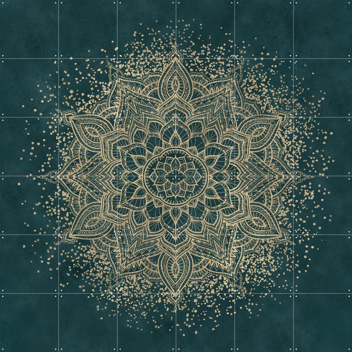 IXXI Boho Sparkling Mandala Teal Gold, Bloomery Decor - 120 x 120 cm - Gratis ophangtool - Grote wanddecoratie en posters - Decoratieve kunsten