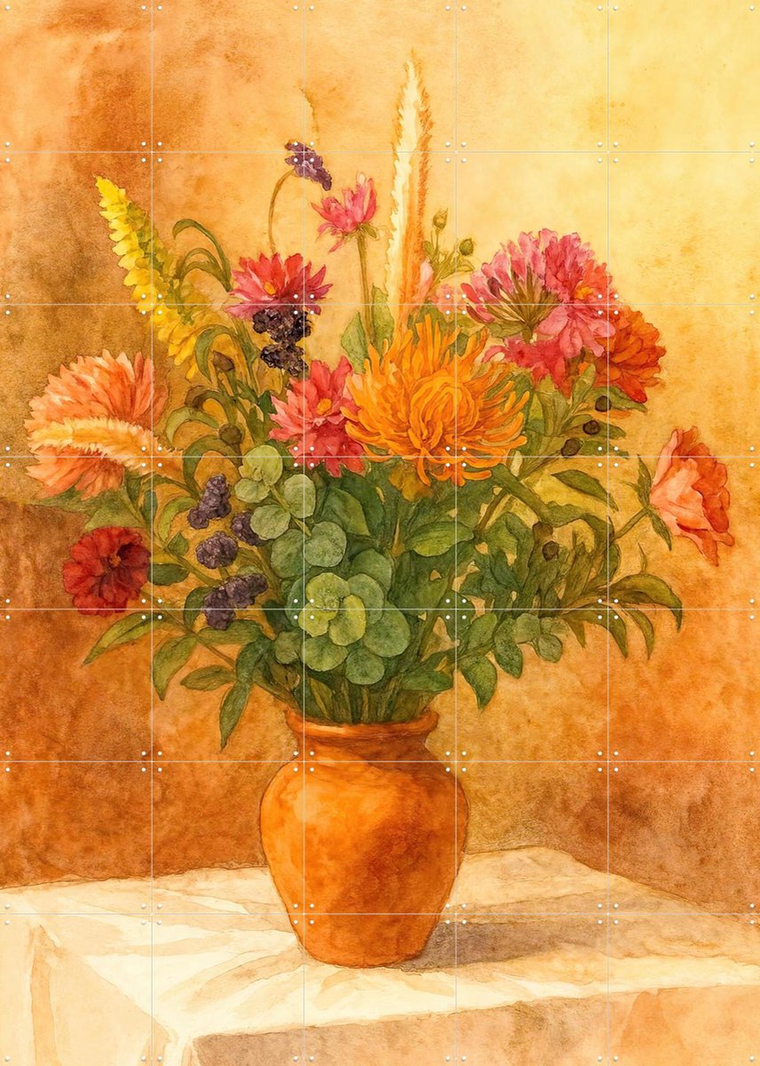 IXXI Bos Bloemen in Terracotta Vaas, Natalie Bruns - 100 x 140 cm - Gratis ophangtool - Grote wanddecoratie en posters - Vintage, Aquarel, Slaapkamer