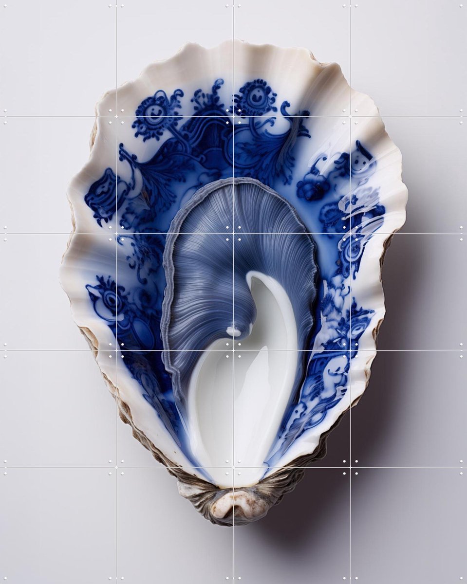 IXXI Delft Blue Oyster Shell, OTTI - 80 x 100 cm - Gratis ophangtool - Grote wanddecoratie en posters - Ornamenteel Ontwerp, Keuken, Gang, Woonkamer