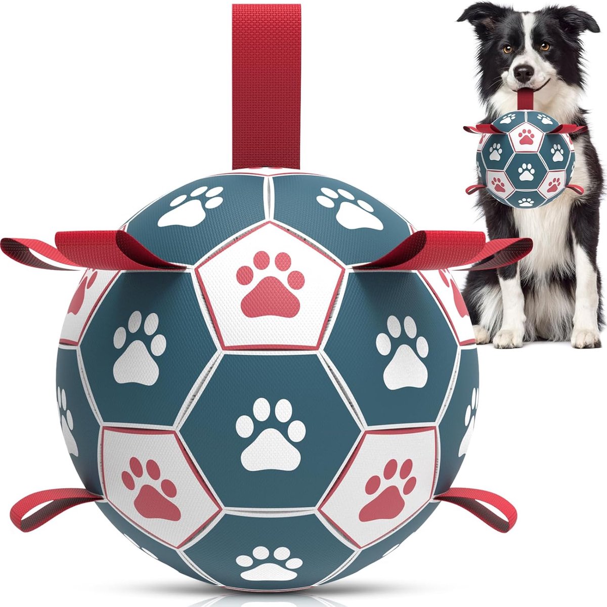 Hondenbal, hondenspeelgoed, bal met touw, hondenvoetbal, 15,2 cm, rood en blauw | Interactieve hondenbal voor tochten, duurzaam, hoge sprong, drijvende bal voor honden, verjaardagscadeau, binnen en buiten