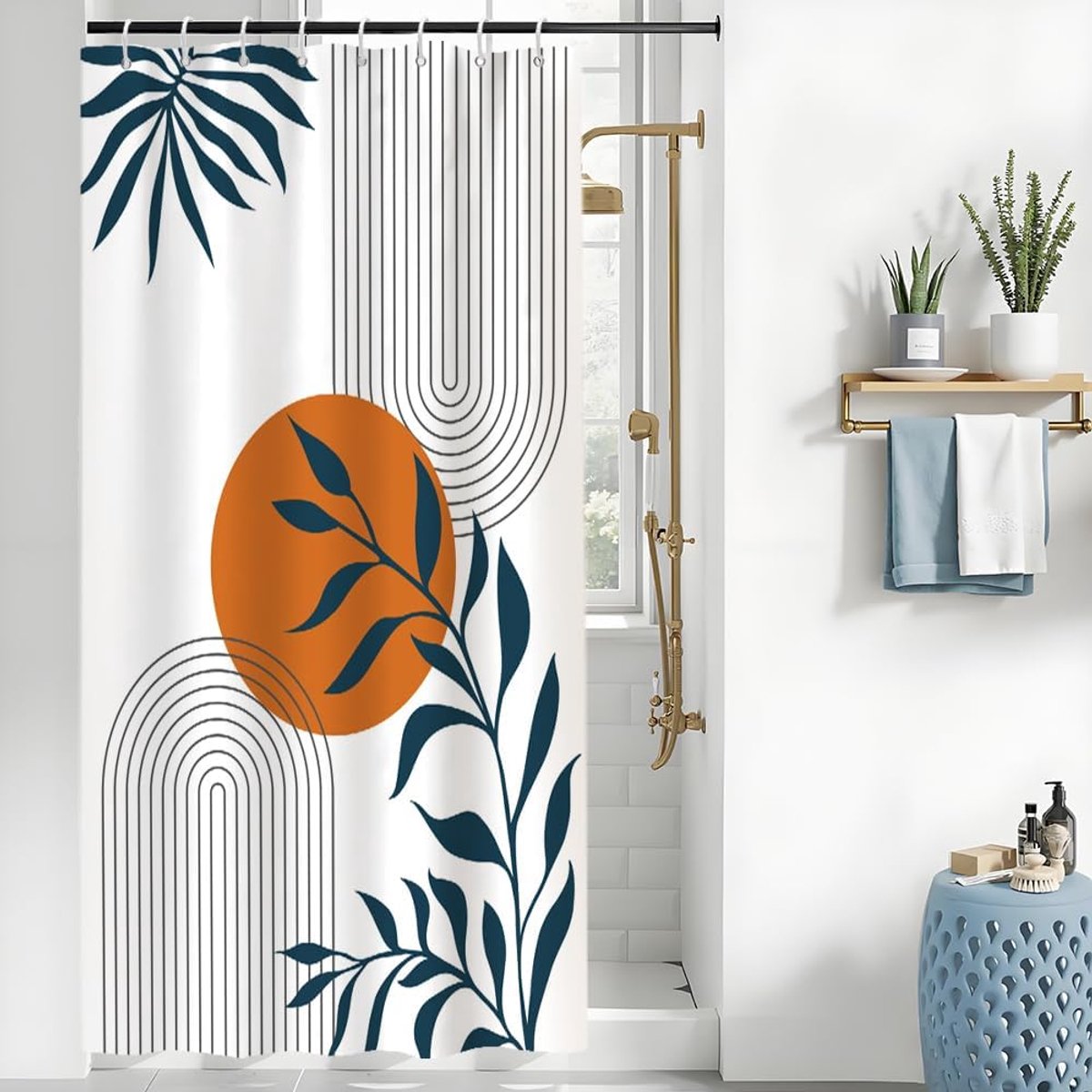 Douchegordijn, abstract, boho, blauw, bladeren, terracotta, zon, minimalistische douchegordijnen, anti-schimmel, waterdicht, polyester stof, wasbaar, badgordijn met 8 haken 120 x 200 cm (b x