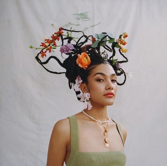 Mannequin portant un haut vert, des fleurs et des plantes dans les cheveux, avec plusieurs colliers et boucles d'oreilles dorés.