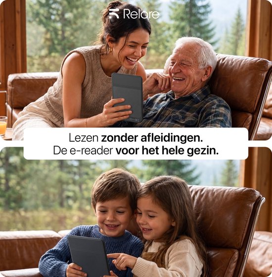 Boven: Vrouw en opa lachen met e-reader. Beneden: Twee kinderen kijken naar e-reader.