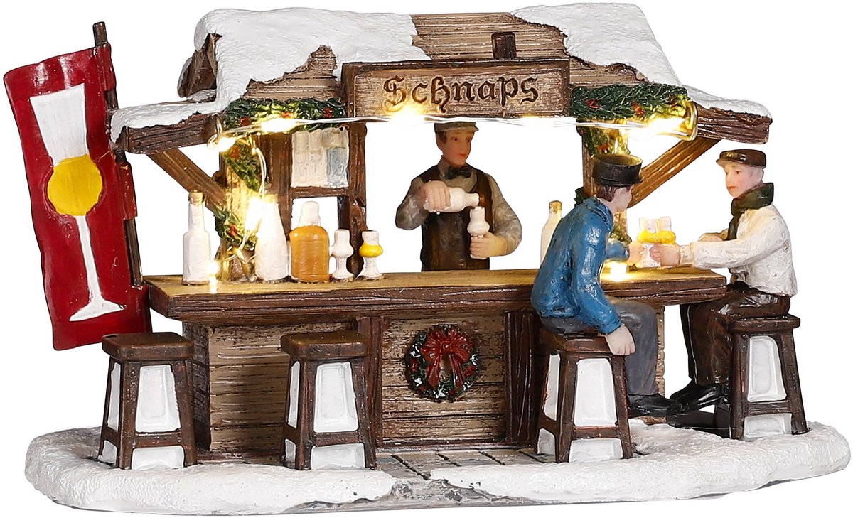 Luville Kerstdorp Miniatuur Schnaps Markt - Kerstversiering met Verlichte Schnapskraam - Guirlande voor je Kerstdorp - Kerstslingers met Proostende Figuren - L16 x B8 x H9 cm