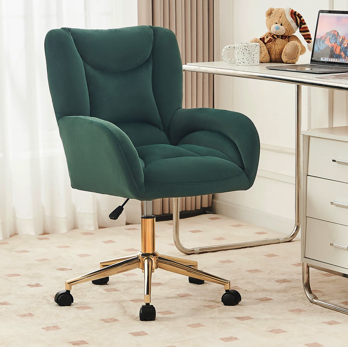 REDOM - Bureaustoel - Verstelbare hoogte - Draaibaar - Met wielen - Met vaste armleuningen - Velvet - Groen - 64 x 62 x 92,5 cm