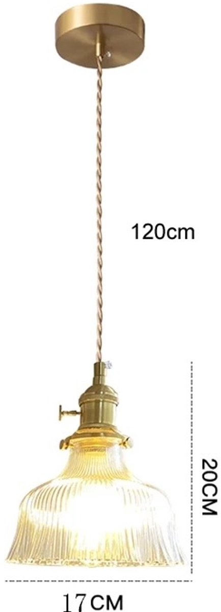 Retro hanglamp met 1 lichtpunt en E27-fitting, messing lamphouder en glazen kap; verstelbare hanglamp voor slaapkamer, restaurant of café; ook geschikt als hanglamp boven een kookeiland. — afbeelding 2