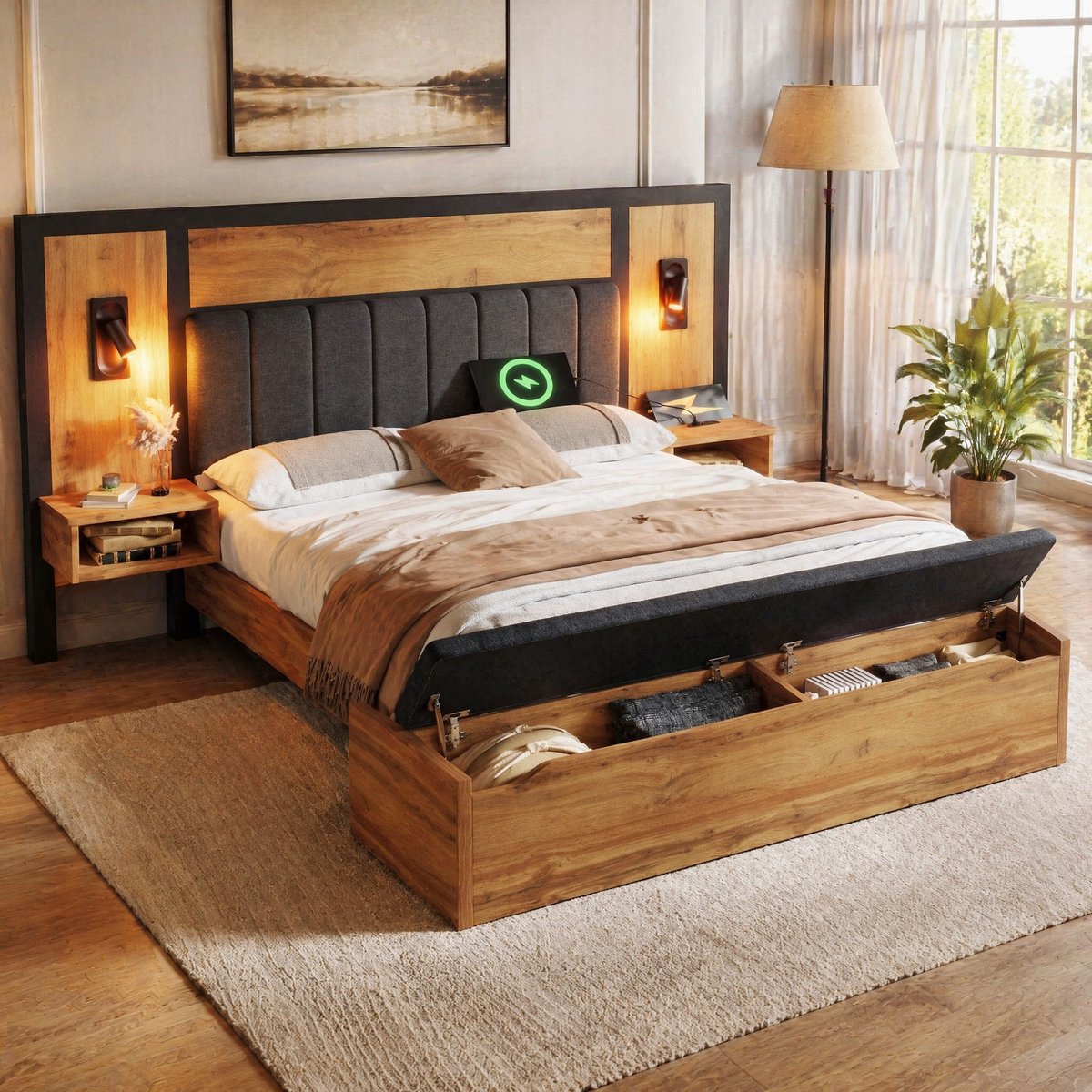 REDOM - Bed - Polsterbed met opbergruimte en leeslampen - Metalen lattenbodem - USB-C oplaadfunctie - Moderne stijl - Slaapkamer - Hout, MDF en stof - Eiken - 160 x 200 cm