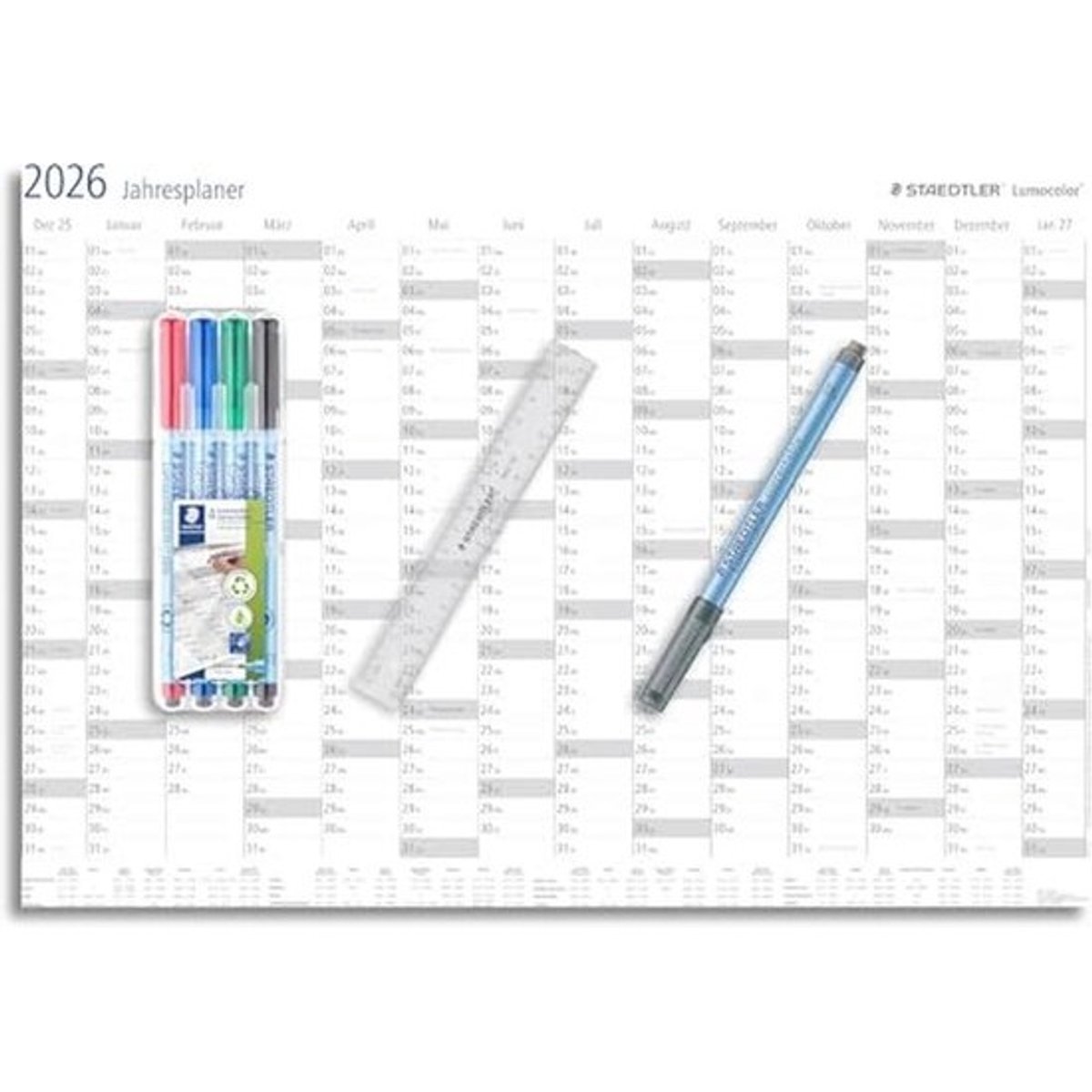 STAEDTLER Lumocolor 641 YP-1DE Jaarplanner, wandkalender 2026, set 4 kleuren + liniaal, droog afwasbaar, vakantie- en feestdagplanner, formaat DIN A1, DEZ 25 + Jan 27, speciale editie