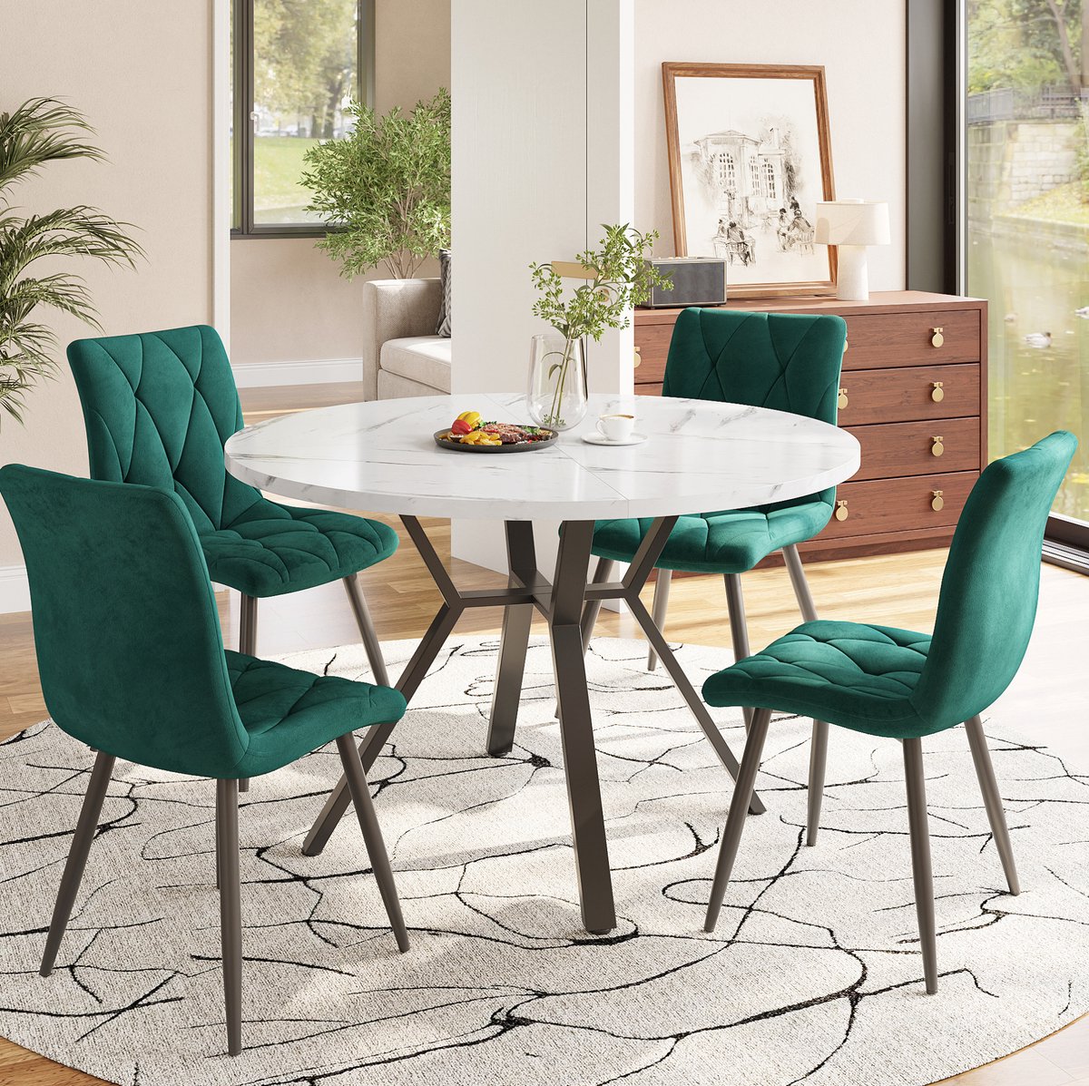 Wishdor Eettafelset met 4 stoelen - Ronde tafel met marmereffect - Zwarte metalen poten - Modern - Eetkamer - Hout metaal - Zwart wit groen - 100 x 100 x 75 cm