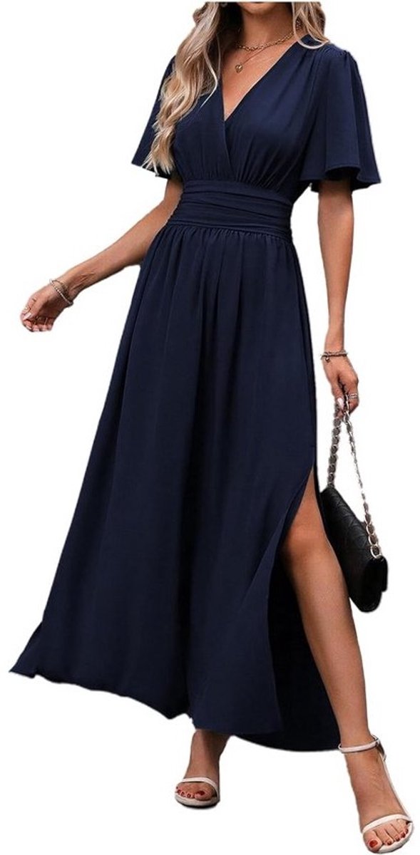 Elegante zomerjurk Dames V-hals Plissé Hoge Taille Lange Jurk met Split
