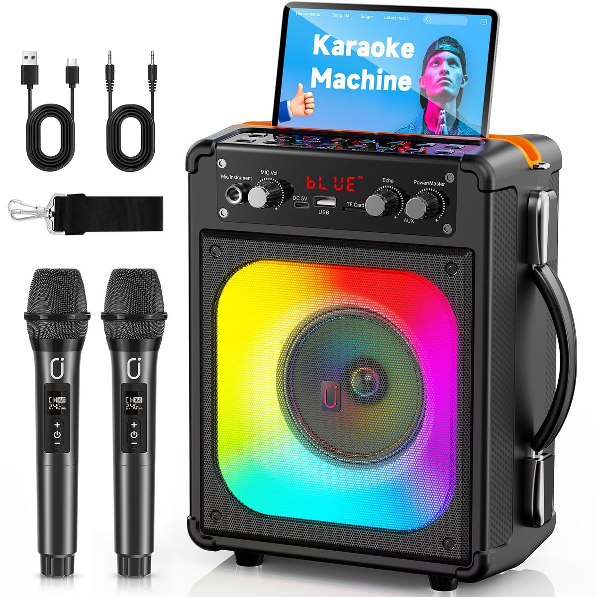 HWWR Karaoke-machine met 2 microfoons, karaoke-set, draagbare karaoke-machine met 2 draadloze microfoons - ShopVlot