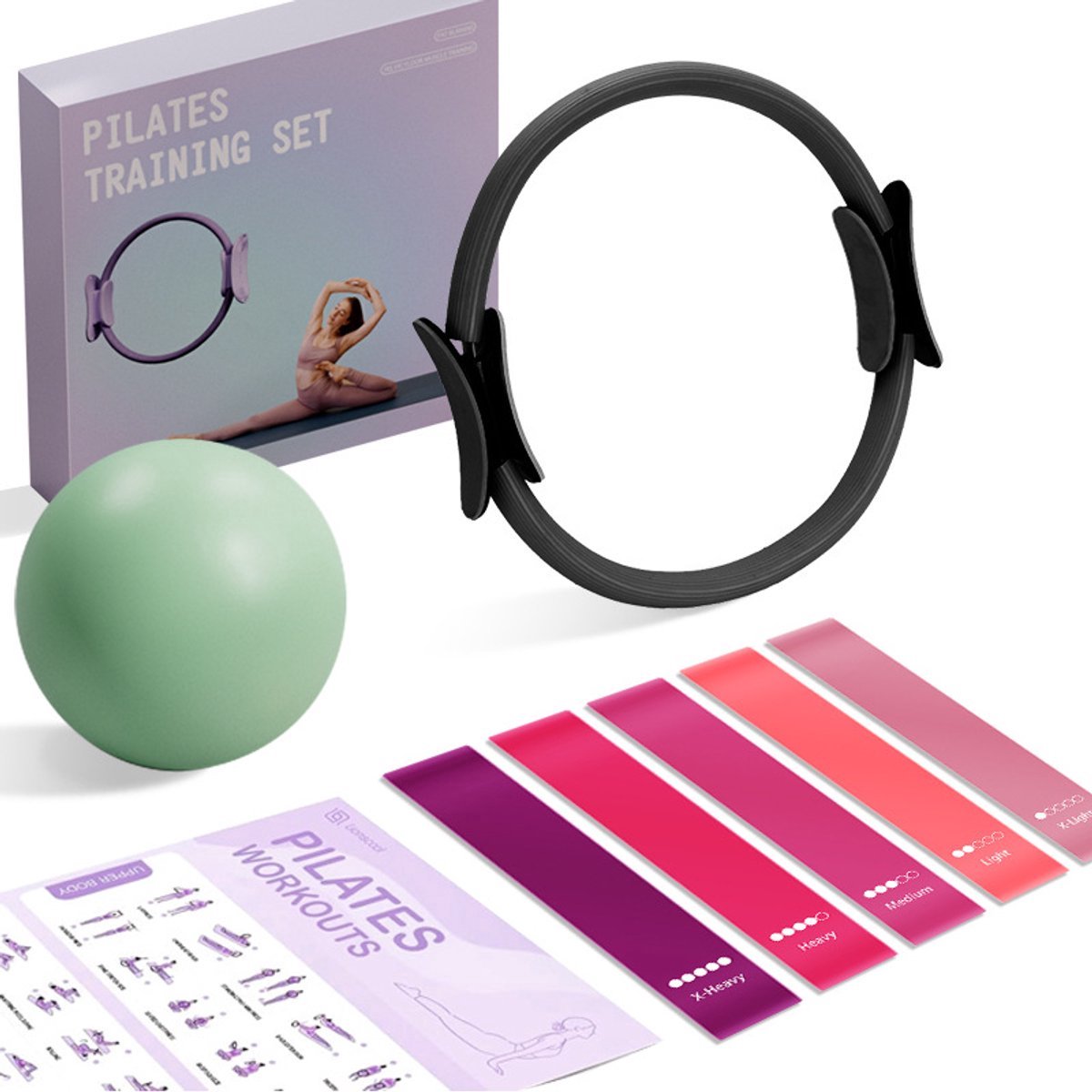 casalora-Pilates Ring - Weerstandsbanden - Pilates bal - Ideaal voor fitness en flexibiliteitsoefeningen - Complete Lichaamsverstevigingsset - 7 Delig Pilaseset voor complete training - inclusief 35cm Ring, Oefenband,Bal - Zwart