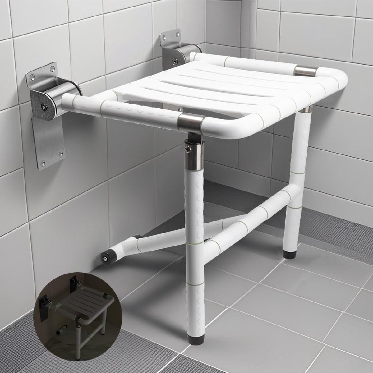 Vouwbare Doucherolstoel met Wandmontage en Steunpoten, Antislip Douchestoel voor Senioren en Kinderen, Tot 250kg, Wit en Veilig