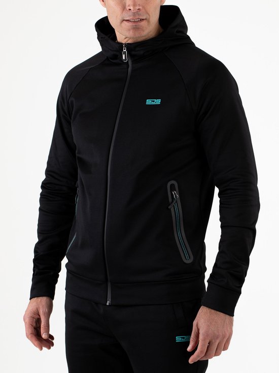 Zwart trainingsjack met capuchon voor heren, met turquoise logo op de borst en ritszakken.