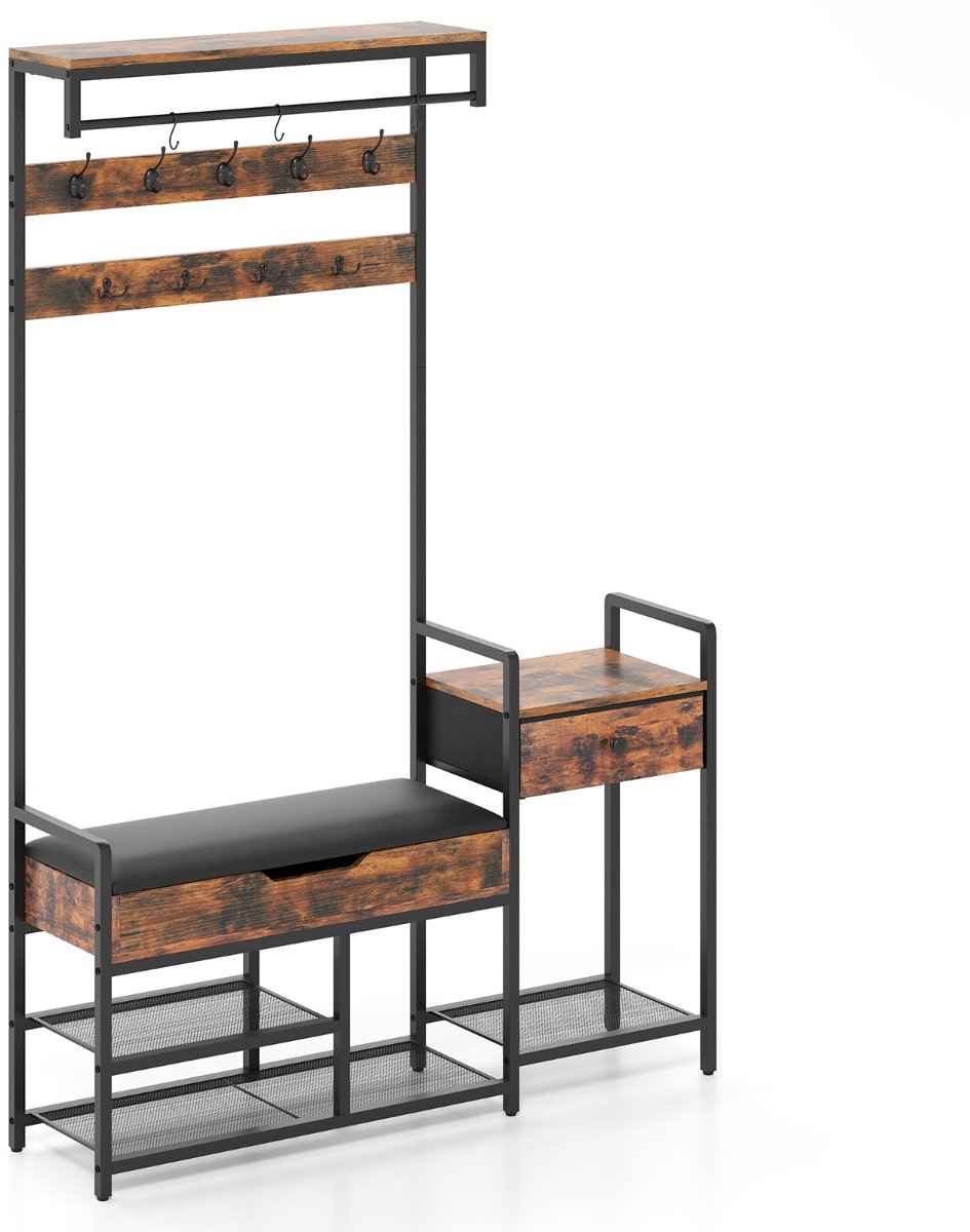 SureDeal® - Kapstok - Vrijstaande Kapstok - Schoenenopbergbank Schoenenrek Haken - Slaapkamer Gang - 120x30x178 cm - Bruin